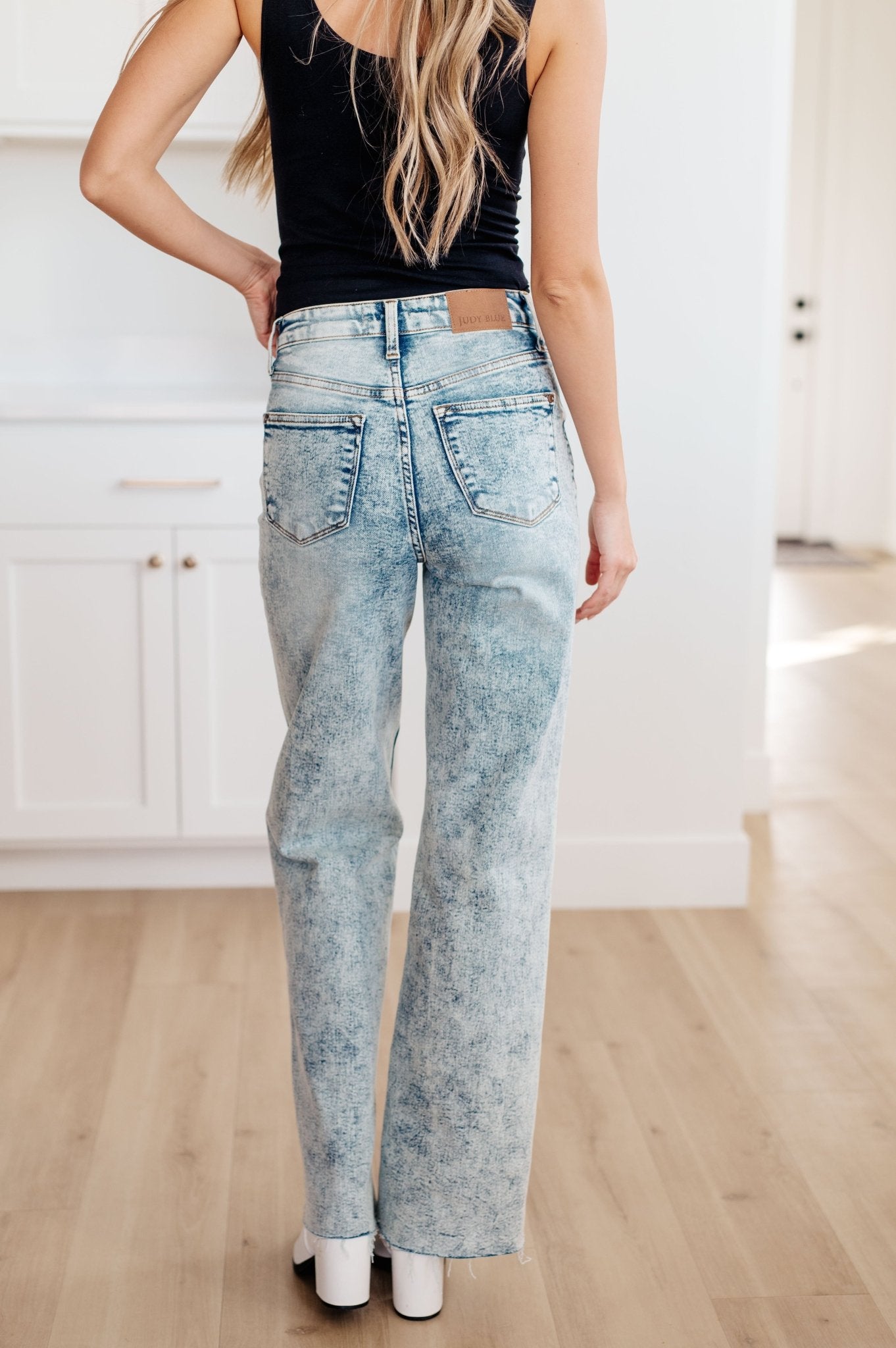 Dory High Waist Mineral Wash Raw Hem Wide Leg Jeans - Loving God