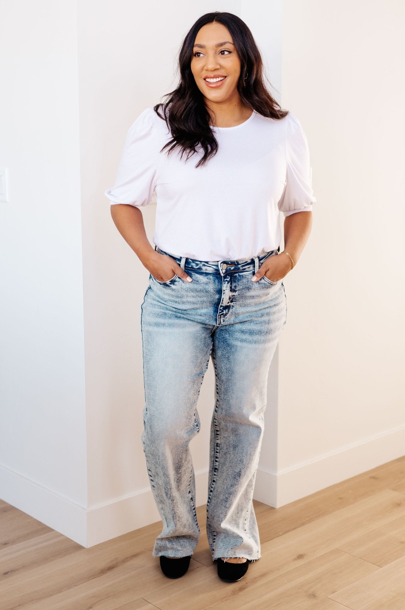Dory High Waist Mineral Wash Raw Hem Wide Leg Jeans - Loving God
