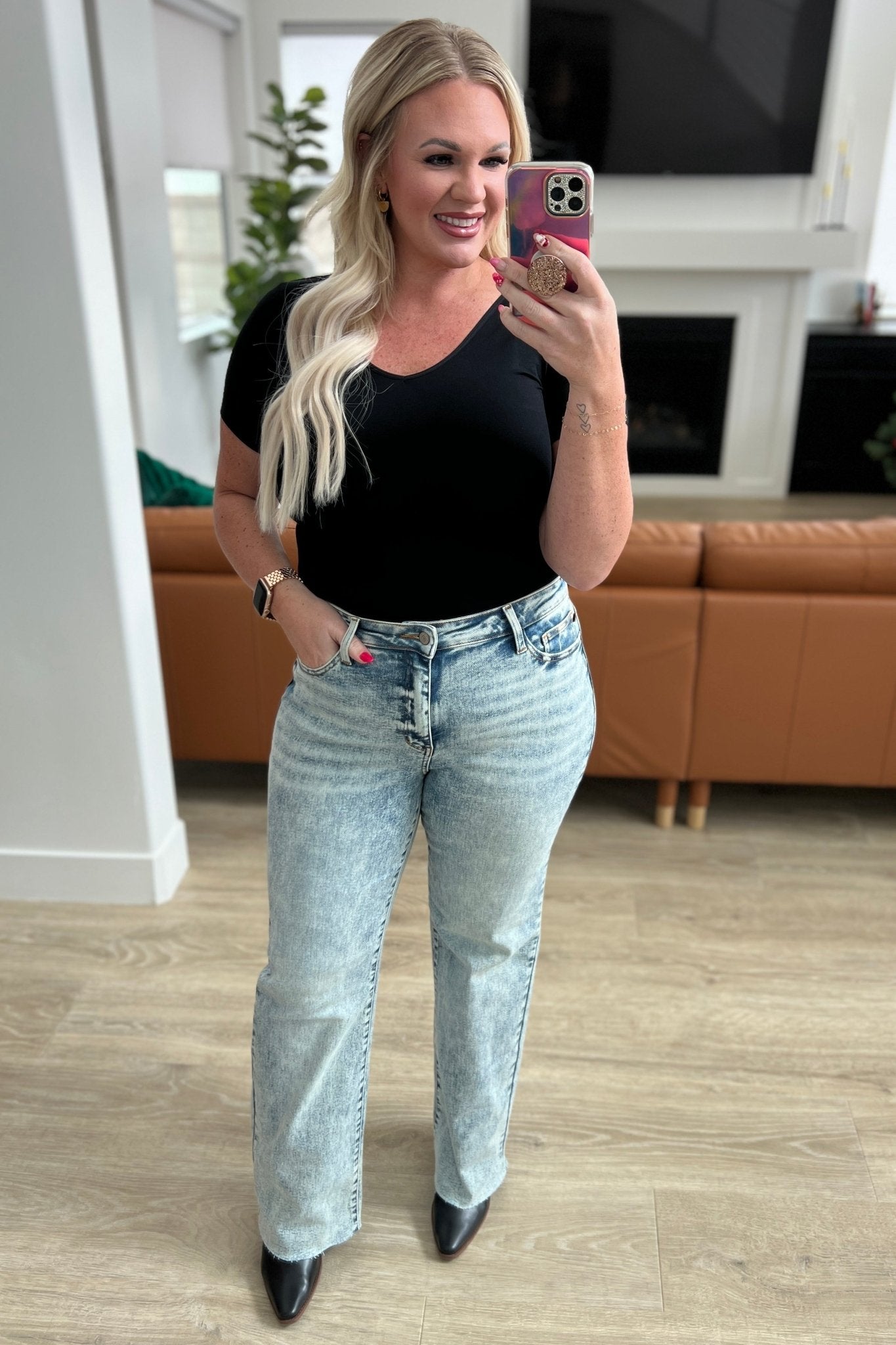 Dory High Waist Mineral Wash Raw Hem Wide Leg Jeans - Loving God