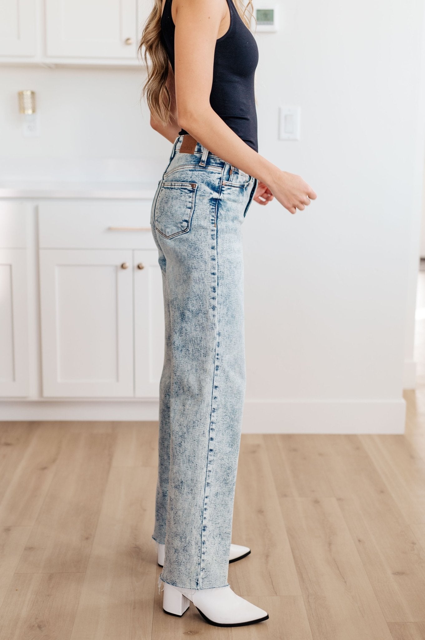 Dory High Waist Mineral Wash Raw Hem Wide Leg Jeans - Loving God