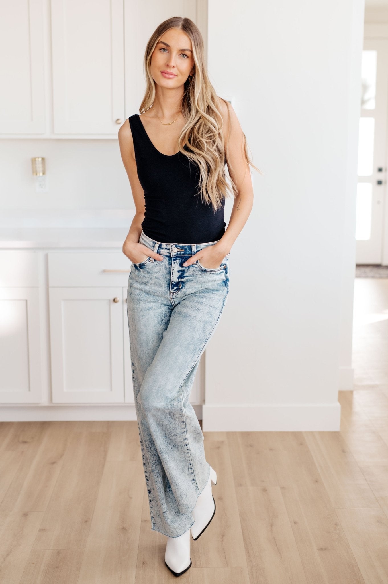 Dory High Waist Mineral Wash Raw Hem Wide Leg Jeans - Loving God