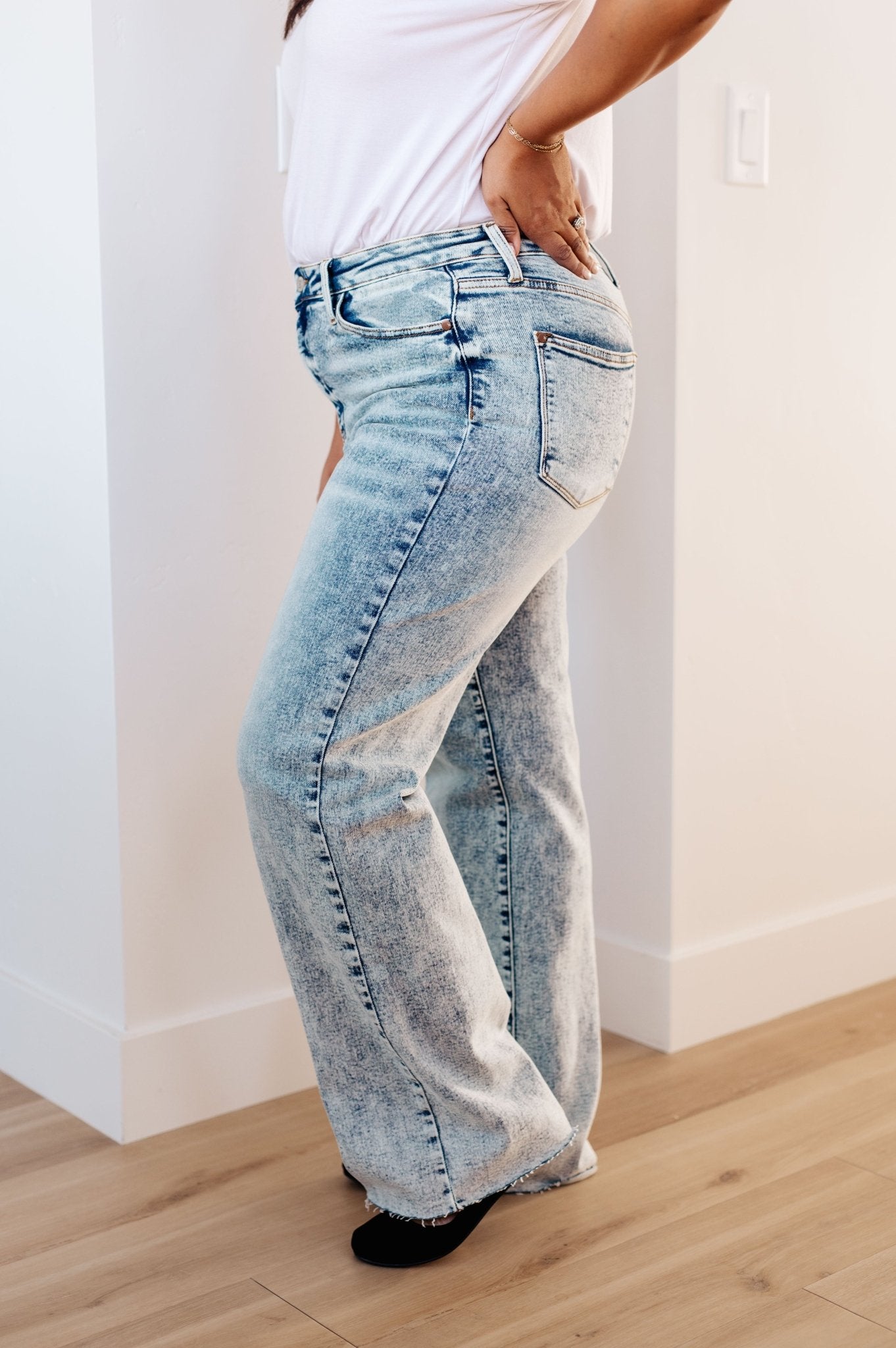 Dory High Waist Mineral Wash Raw Hem Wide Leg Jeans - Loving God