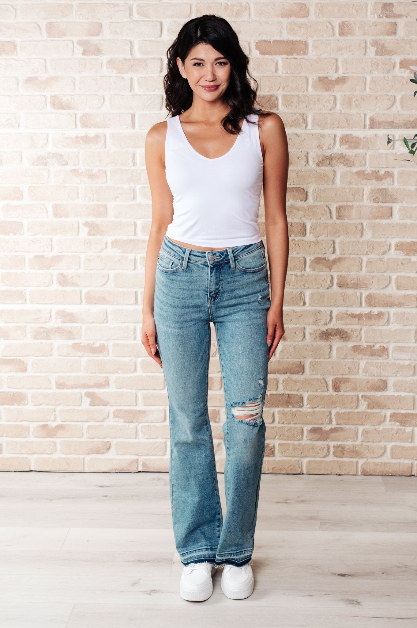 Isla Mid Rise Distressed Released Hem Bootcut Jeans - Loving God