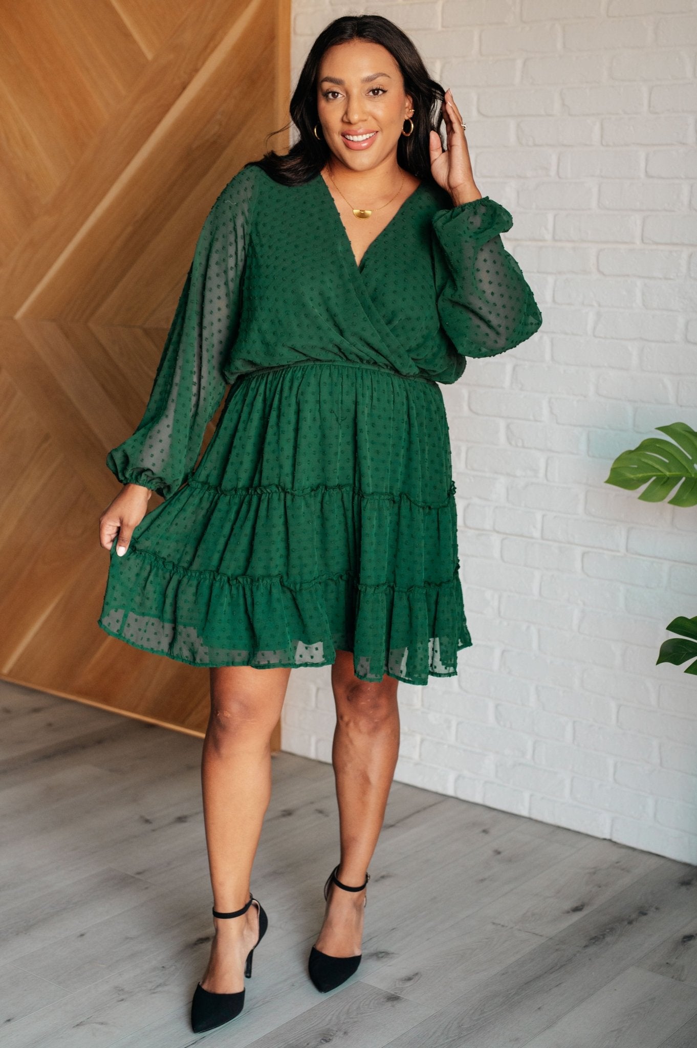 Starlit Glow V - Neck Tiered Dress in Hunter Green - Loving God