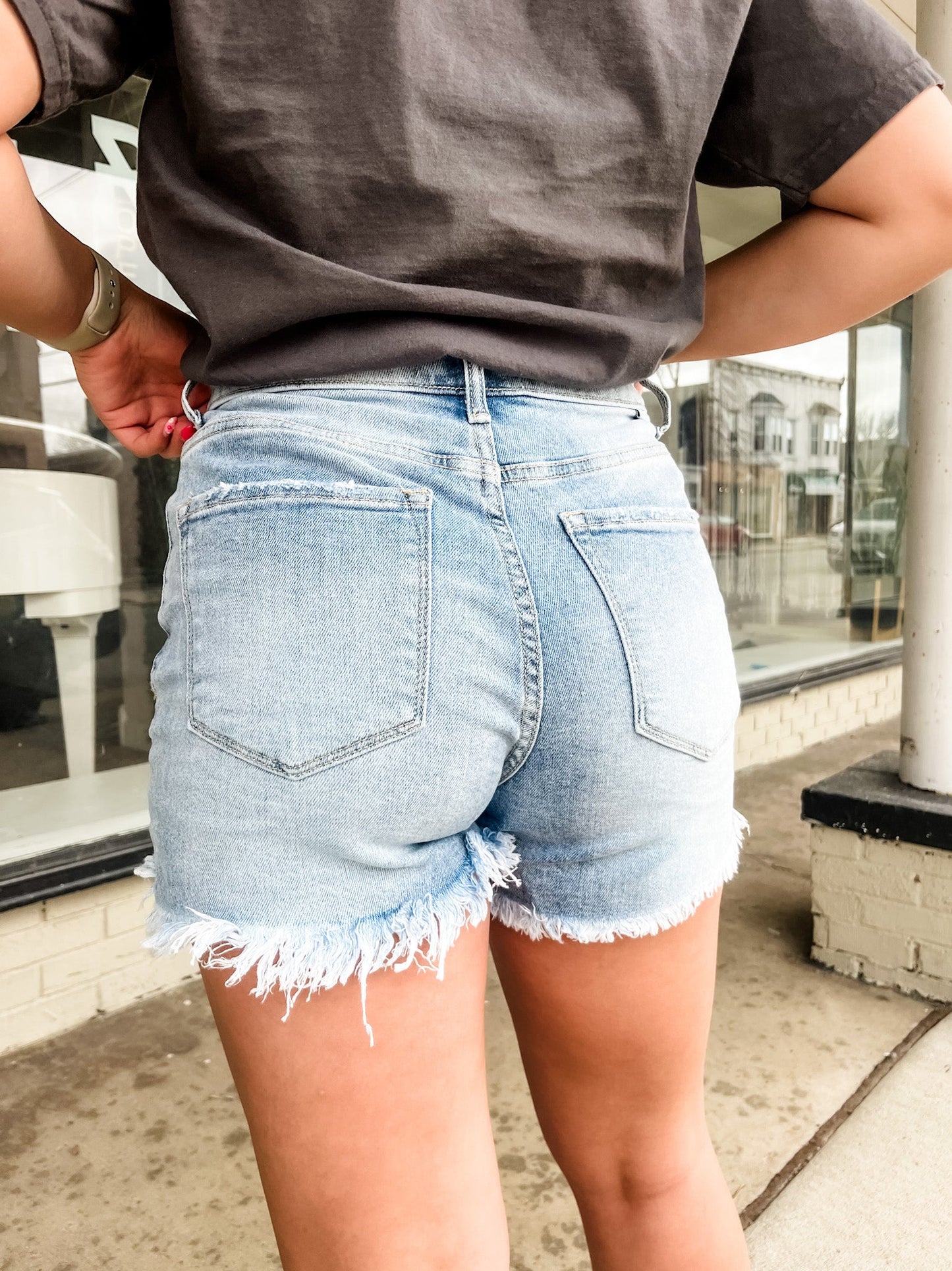 Loving God | Katie Asymmetrical Distressed Denim Shorts - Loving God